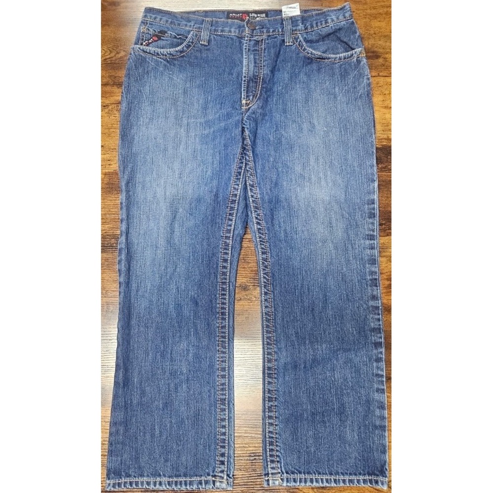 Ariat FR M4 Low Rise Boot Cut Jeans Men's 36x29 Blue Distressed Cotton